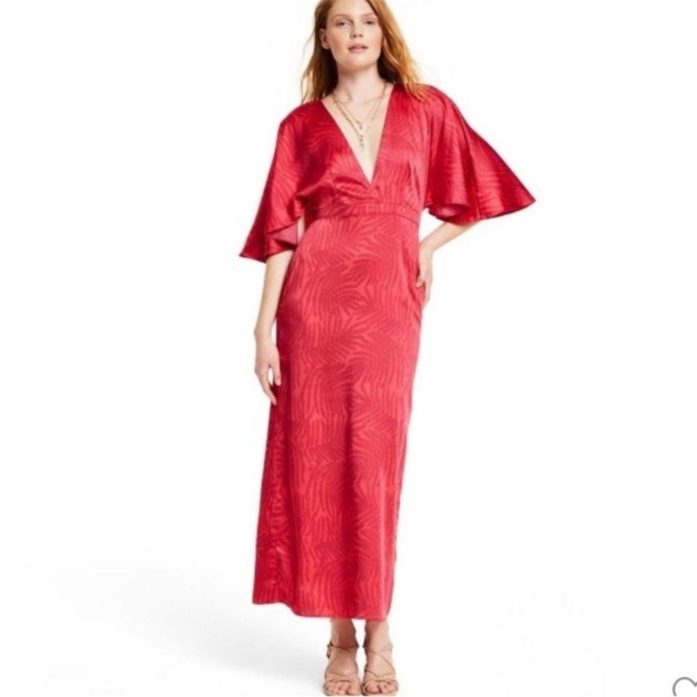 Fe Noel x Target Palm Leaf Contrast Exaggerated Flutter Sleeve Maxi Dress Red‎ 8